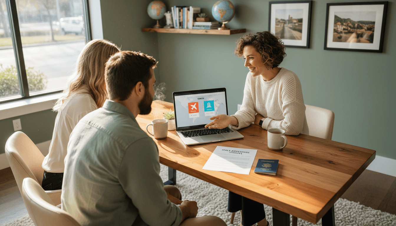 Travel agent consulting with clients at a desk, reviewing itineraries and booking options