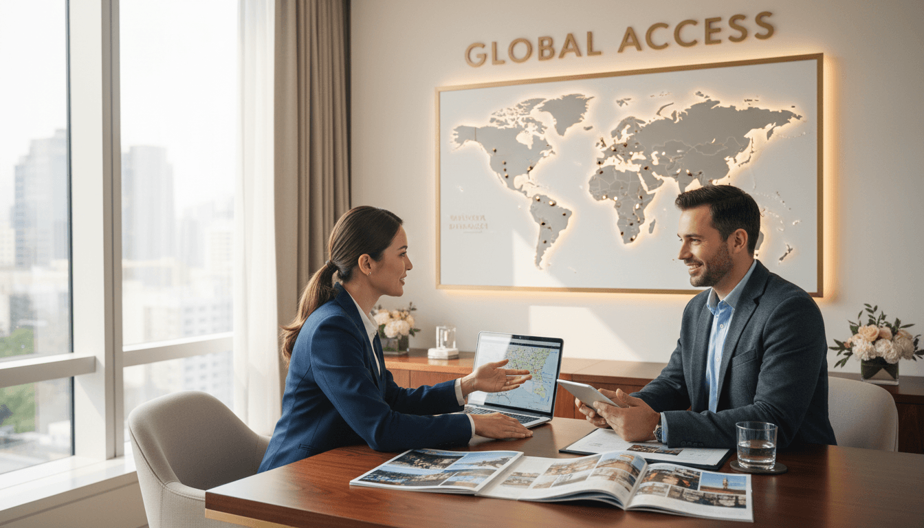 Two business professionals discuss travel options in an office featuring a backlit world map.