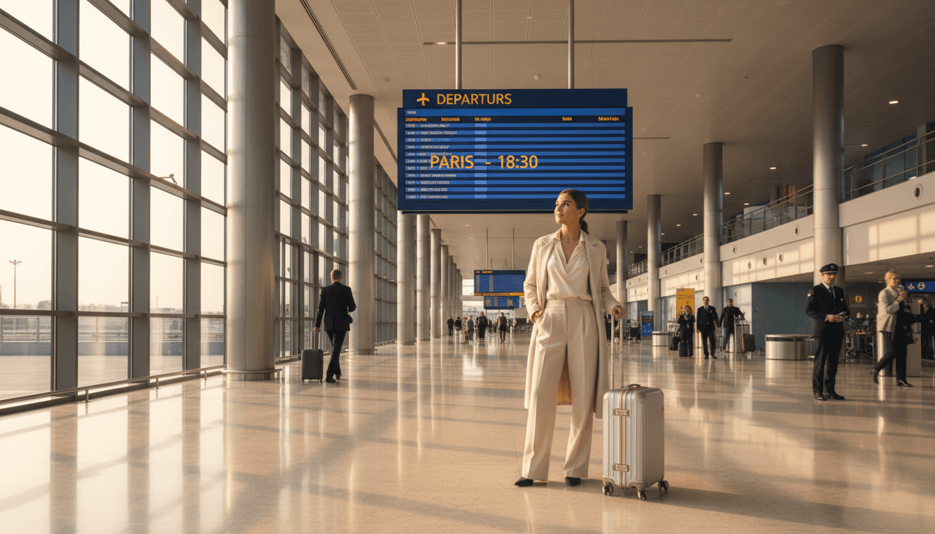 Confident traveler at an airport departure board with golden afternoon light