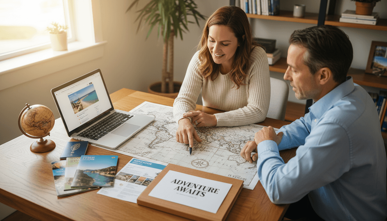 Travel consultant reviewing itinerary details with a client in a Nashville travel agency office