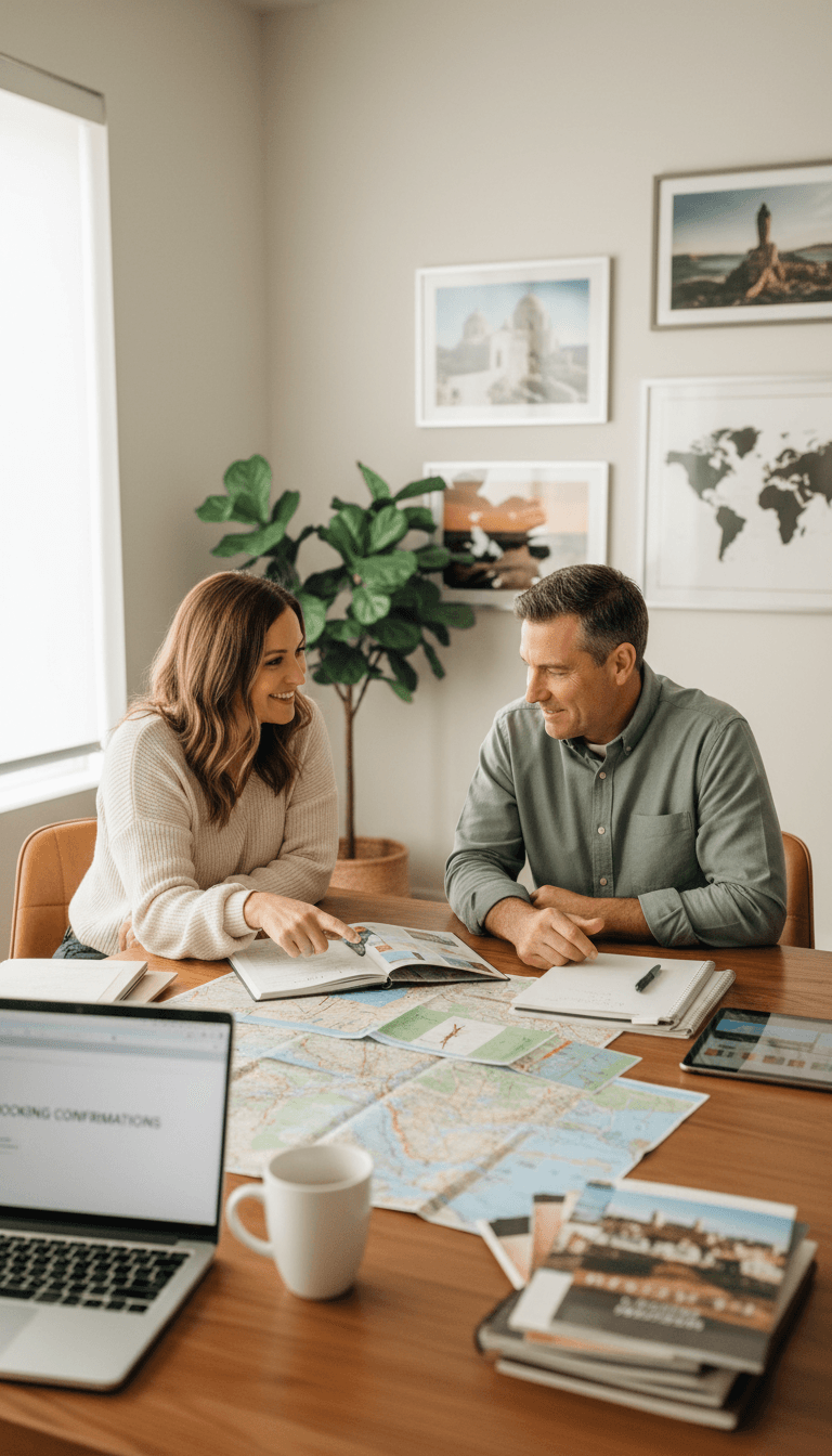 Travel consultant reviewing detailed itinerary with client at desk