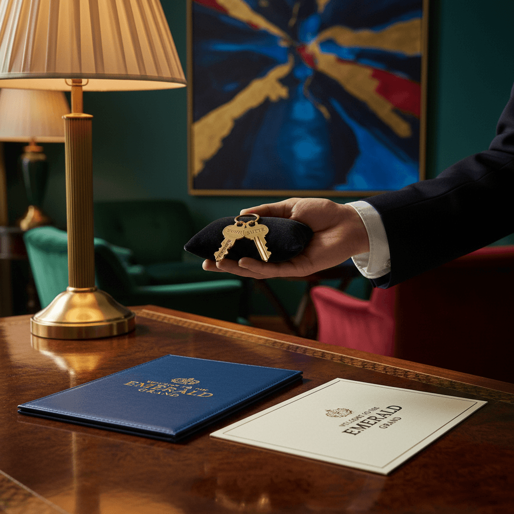 Luxe, high-contrast aesthetic medium shot of a hotel concierge's hand presenting room keys on an elegant wooden desk