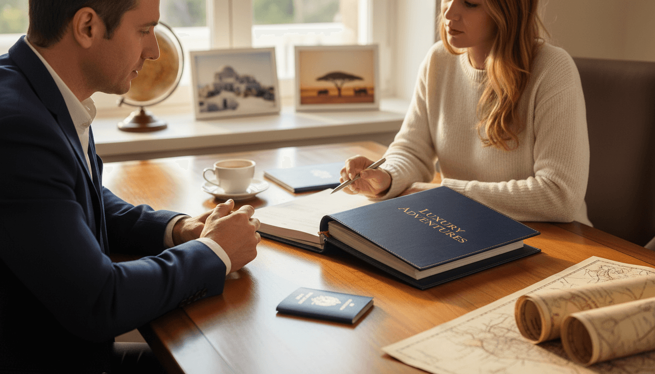 Travel consultant discussing itinerary details with a client at a desk