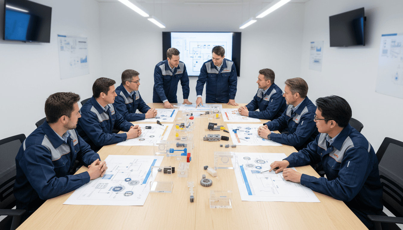 Diverse team of engineers and staff collaborating around conference table during process optimization workshop