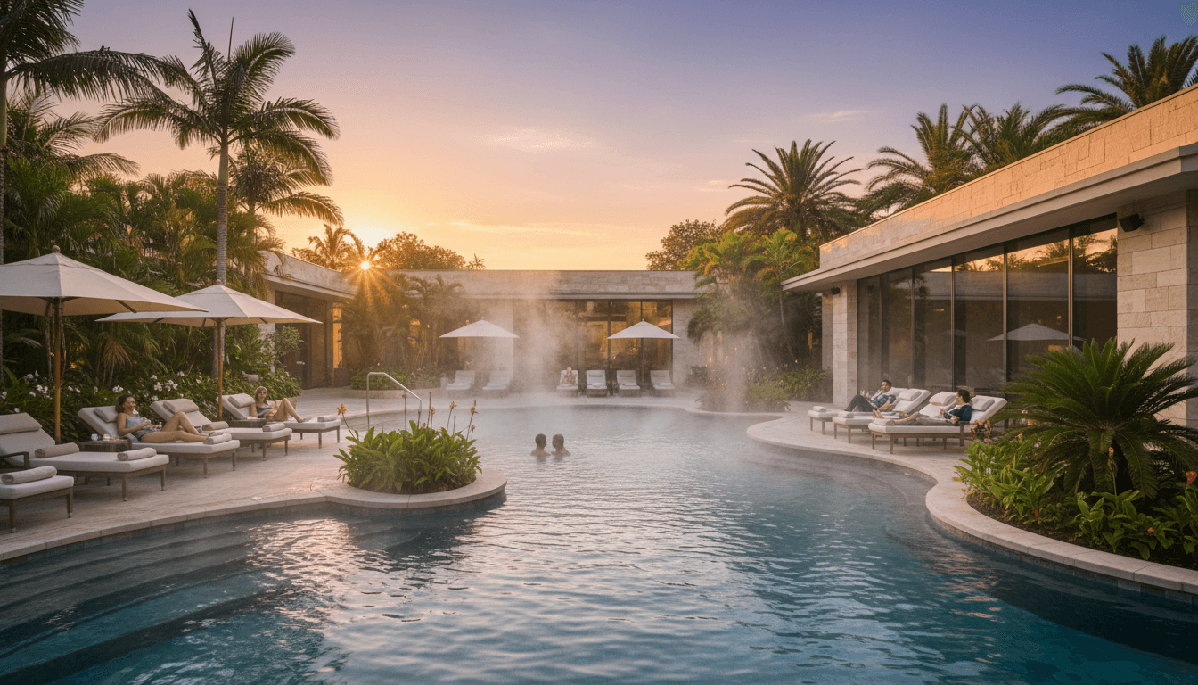 Guests relaxing around a steaming thermal pool at sunset with modern resort architecture and tropical landscaping