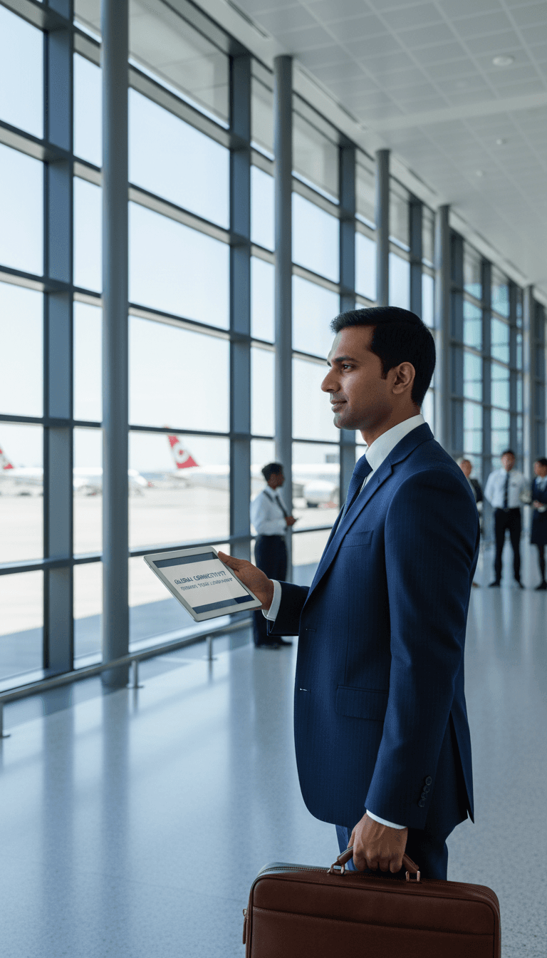 Professional business executive at airport terminal holding tablet with travel itinerary, prepared for international business trip