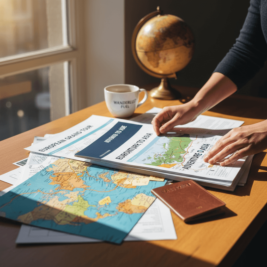 Travel planner's desk with passport, itinerary documents, and map showing personalized travel planning