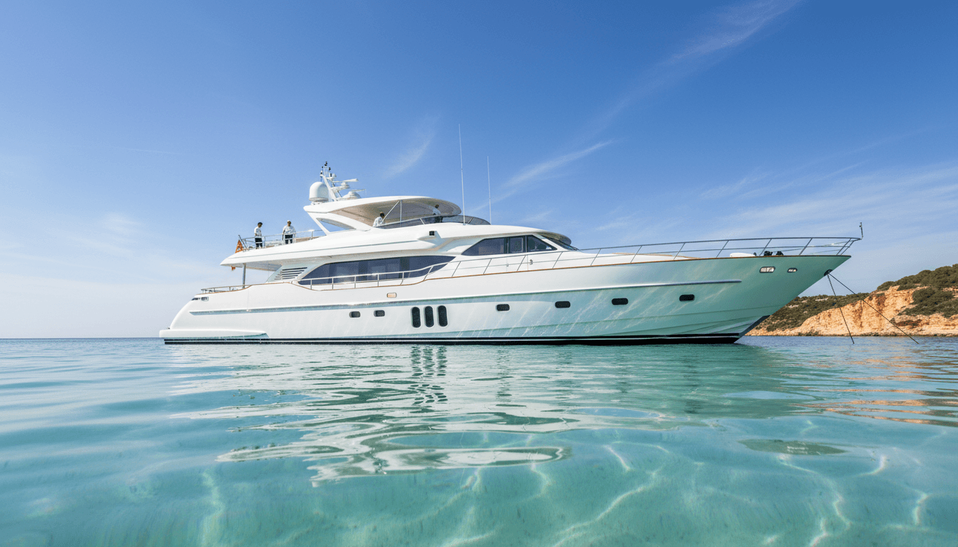 Pristine white luxury yacht anchored in clear turquoise waters with crew members on deck
