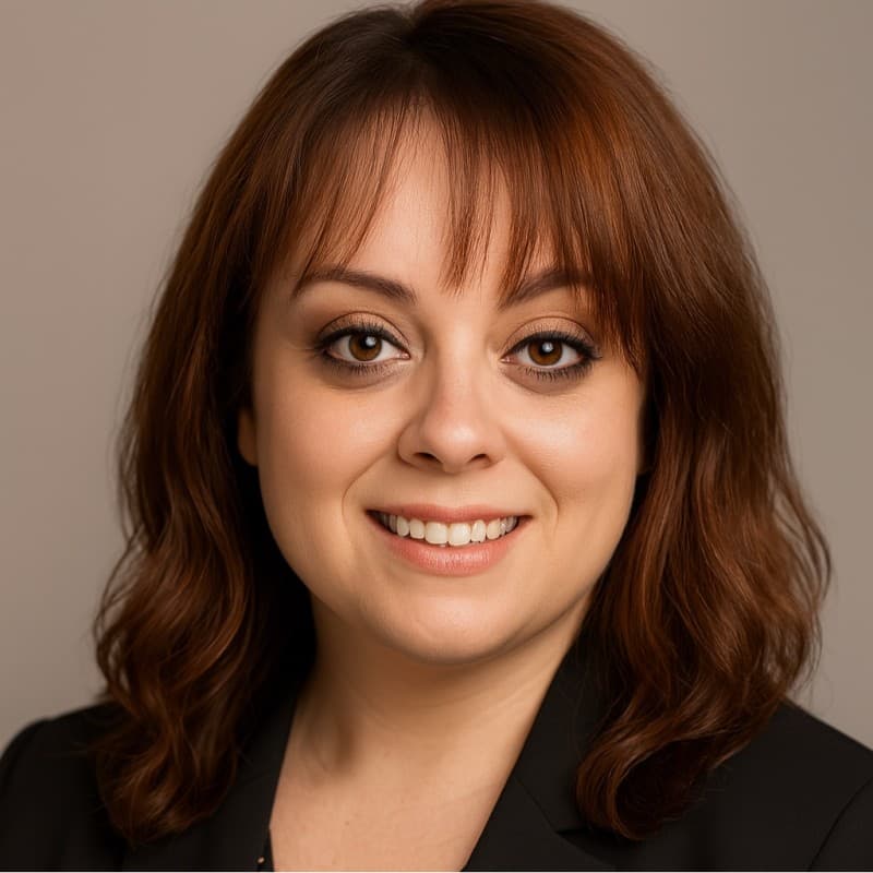 Smiling woman with shoulder-length auburn hair and bangs, wearing a professional black blazer.